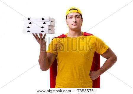 Super hero pizza delivery guy isolated on white