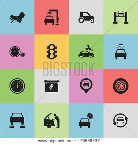 Set Of 16 Editable Traffic Icons. Includes Symbols Such As Auto Repair, Car Lave, Speed Control And More. Can Be Used For Web, Mobile, UI And Infographic Design.