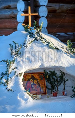 VISIM/ RUSSIA - JANUARY 9, 2017. Russian traditional nativity scene built inside of snow pile for Christmas celebration. Village Visim, Sverdlovsk region, Russia.