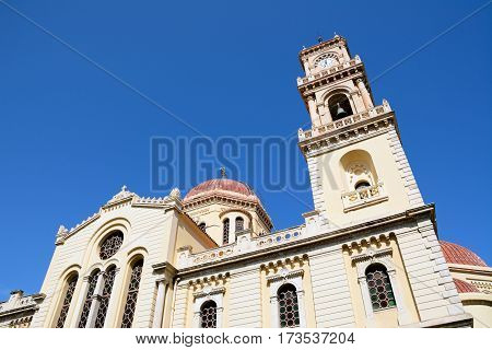 View of Saint Minas Cathedral Heraklion Crete Greece Europe.