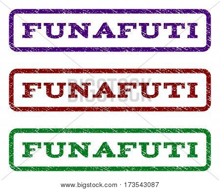 Funafuti watermark stamp. Text tag inside rounded rectangle with grunge design style. Vector variants are indigo blue red green ink colors. Rubber seal stamp with dirty texture.