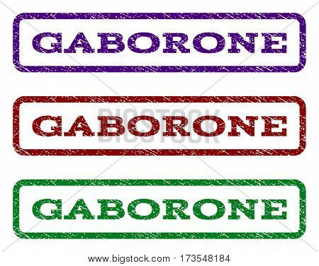 Gaborone watermark stamp. Text caption inside rounded rectangle with grunge design style. Vector variants are indigo blue red green ink colors. Rubber seal stamp with dust texture.