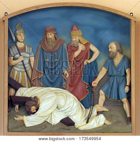 BUDASEVO, CROATIA - NOVEMBER 05: 9th Stations of the Cross, Jesus falls the third time, Church of the Blessed Aloysius Stepinac in Budasevo, Croatia on November 05, 2007