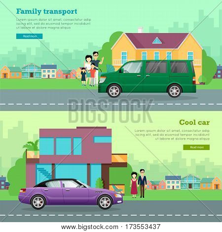 Transport. Collection of two illustrations. Cool car on road near contemporary glass house and young couple. Green minivan near big building and family of four members. Flat cartoon design. Vector