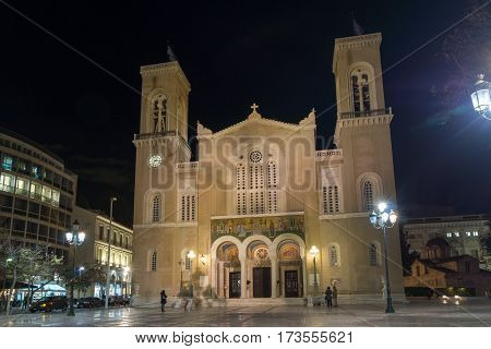Night photo of Metropolitan Cathedral in Athens, Attica, Greece