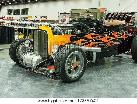 DETROIT MI/USA - February 26 2017: A 1929 Ford roadster interpretation on display at the Detroit Autorama, a showcase of custom and restored cars.