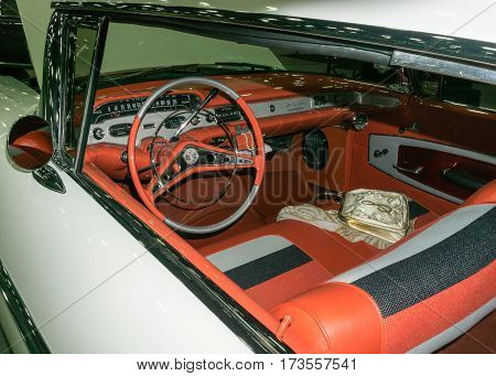 DETROIT MI/USA - February 26 2017: A 1958 Chevrolet Impala 2-door hardtop interior on display at the Detroit Autorama, a showcase of custom and restored cars.