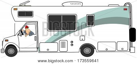 Illustration of a man backing up a class c motorhome.