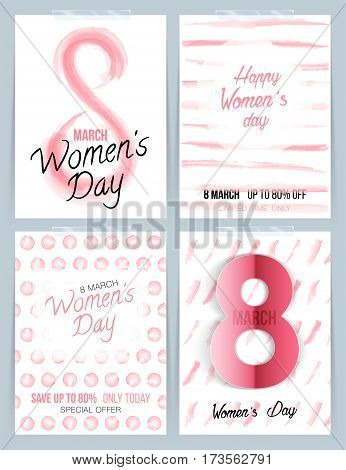 Collection of pink stylish templates for 8 March holiday Happy Women's Day card sale typography poster card label and other design. Vector EPS10