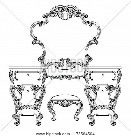 Fabulous Baroque Console Table and Mirror frame set. Vector French Luxury rich carved ornaments. Victorian wealthy Style furniture decor