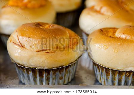 Thai Baked white bread Foi thong in tray bakery.