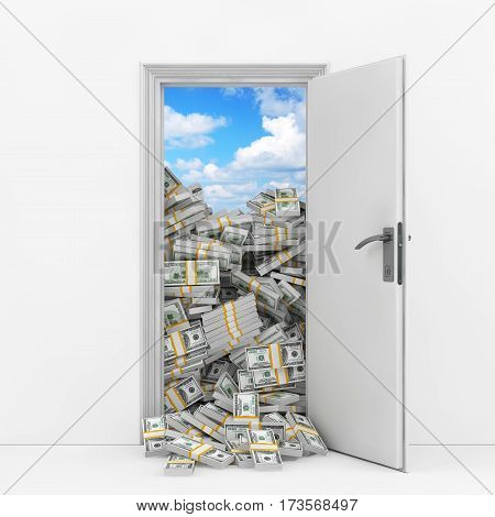 Wealth Concept. Opening Door with Heap of Dollar Bills extreme closeup. 3d Rendering.
