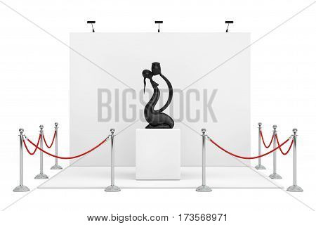 Barrier Rope Around Trade Show Booth with Abstract Wooden Man and Wooman in Love Statue on a white background. 3d Rendering.