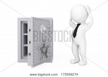 3d Person Bankrupt Stressed near Metal Safe on a white background. 3d Rendering.