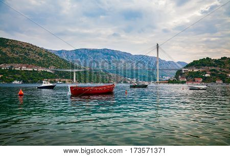 the modern construction of the cable-stayed Tudjman Bridge in Dubrovnik Croatia
