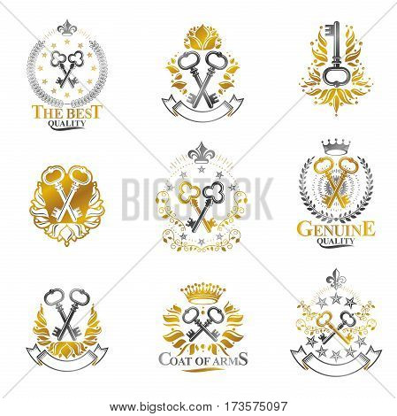 Old Turnkey Keys emblems set. Heraldic vector design elements collection. Retro style label heraldry logo.