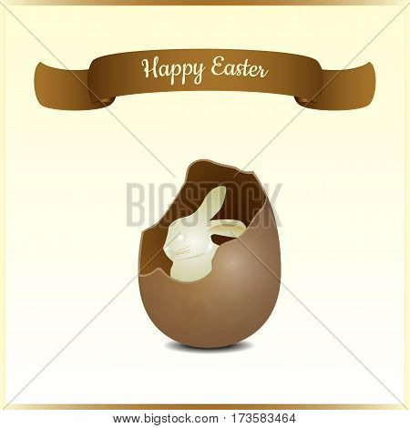 Minimalistic greeting and gift card for Easter. Bunny surprise of the white chocolate in a realistic shocolate egg. Festive vector illustration.