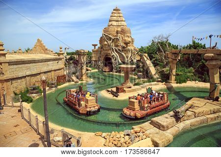 PORT AVENTURA/ SPAIN - MAY 11. Interactive water attraction Angkor located in the China area in the theme park Port Aventura on May 11, 2015 in city Salou, Catalonia, Spain.
