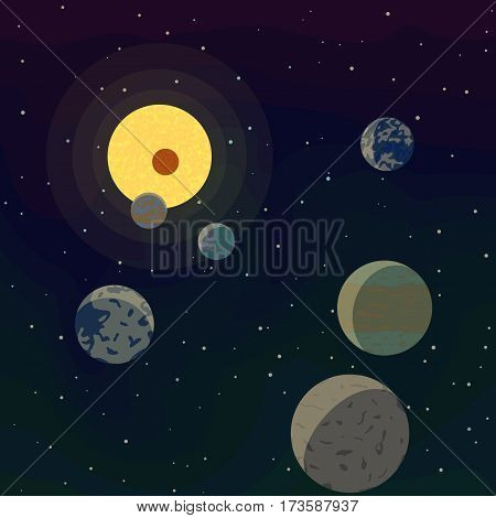 New planets found in another solar system in space. Several planets revolving around stars. Life in galaxy. Cartoon vector illustration on theme of space.