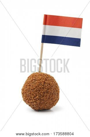 Single dutch traditional snack bitterbal with a dutch flag  on white background