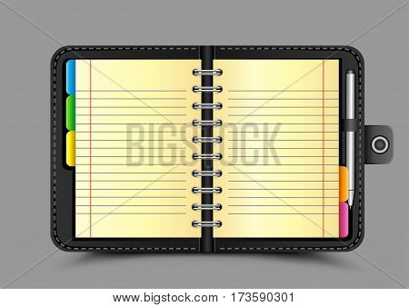 The open black organizer with shadow on gray background. Clear white sheets of paper. Writer template notepad