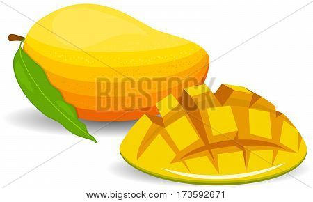 Mango ripe juicy sweet one whole tropical natural healthy exotic fruit with leaf. Mango. Whole and pieces. Sweet fruit. 3d vector icons set. Realistic illustration