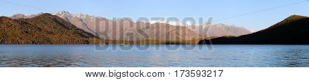 Evening panoramic view of Rara Daha or Mahendra Tal Lake - Rara trek - great himalayan trail - Western Nepal