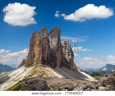 View of Drei Zinnen or Tre Cime di Lavaredo with beautiful cloud on sky Sextener Dolomiten or Dolomiti di Sesto South Tirol Dolomites mountains Italien Alps