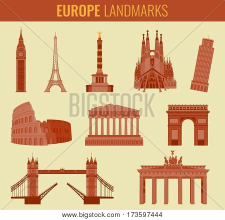 Europe landmarks flat icon set. Travel and Tourism. Vector illustration