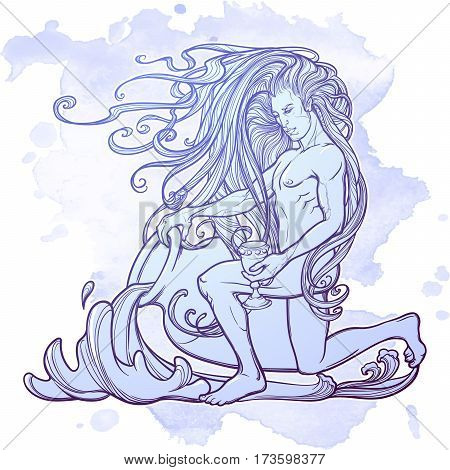Zodiac sign Aquarius. Young man with long hair holding large amphora. Water flowing out. Frame of roses. Vintage art nouveau style concept art for horoscope, tattoo or colouring book.