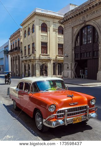 Havana, Cuba - April 1, 2012: Orange Chevrolet Vintage Car