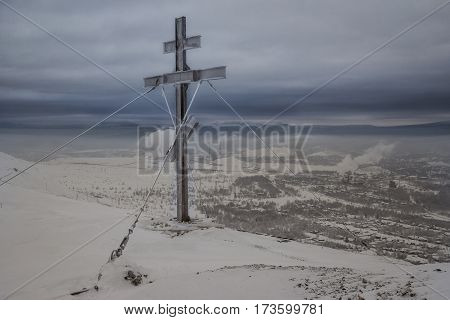 Worship cross on Bald Hill (Karabash, Chelyabinsk Region). The Karabash is the highest worship cross in Russia.