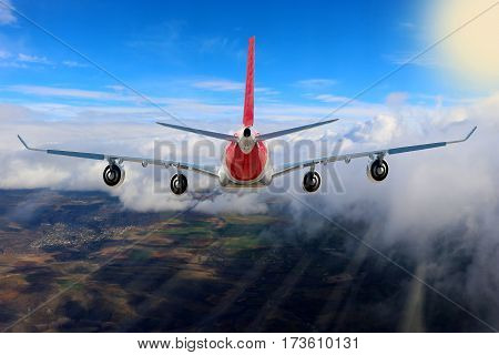 flight through clouds ground plane sunshine background