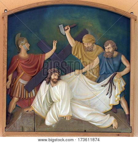 BUDASEVO, CROATIA - NOVEMBER 05: 3rd Stations of the Cross, Jesus falls the first time, Church of the Blessed Aloysius Stepinac in Budasevo, Croatia on November 05, 2007