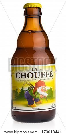 GRONINGEN, NETHERLANDS - FEBRUARY 26, 2017: Bottle of Belgian Chouffe blonde beer isolated on a white background