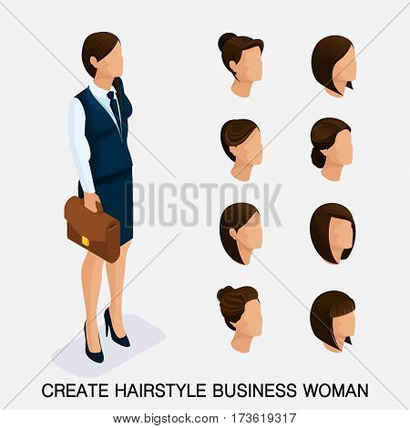 rendy isometric set 1 women's hairstyles. Young business woman hairstyle hair color. Create an image of the modern business woman. Vector illustration.