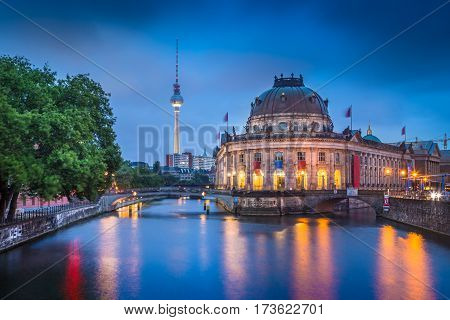 Museumsinsel With Tv Tower And Spree River At Night, Berlin, Germany