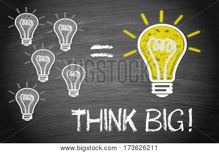 Think Big - light bulbs on chalkboard background