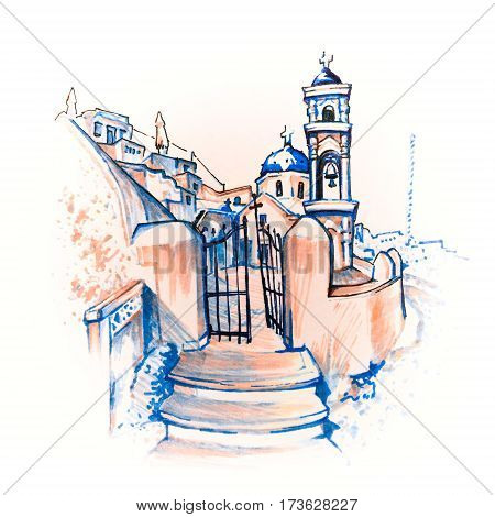 Imerovigli Anastasi Church of the Greek Aegean island, Santorini, in the sunny day, Greece. Picture made markers