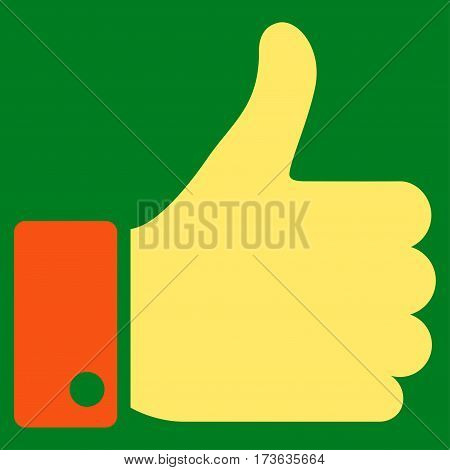 Thumb Up vector icon. Flat bicolor orange and yellow symbol. Pictogram is isolated on a green background. Designed for web and software interfaces.