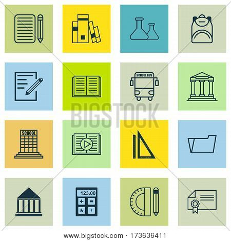 Set Of 16 School Icons. Includes Education Center, Taped Book, Haversack And Other Symbols. Beautiful Design Elements.
