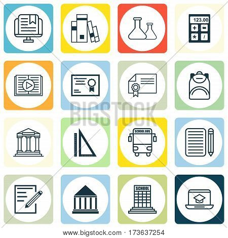 Set Of 16 School Icons. Includes Education Center, Academy, Measurement And Other Symbols. Beautiful Design Elements.