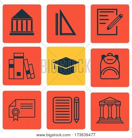 Set Of 9 School Icons. Includes Paper, Education Center, Haversack And Other Symbols. Beautiful Design Elements.