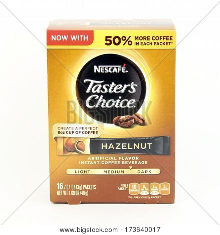 Spencer Wisconsin February 27 2017 Box of Nescafe Tasters Choice Hazelnut instant coffee Nescafe was founded in 1938 and markets worldwide