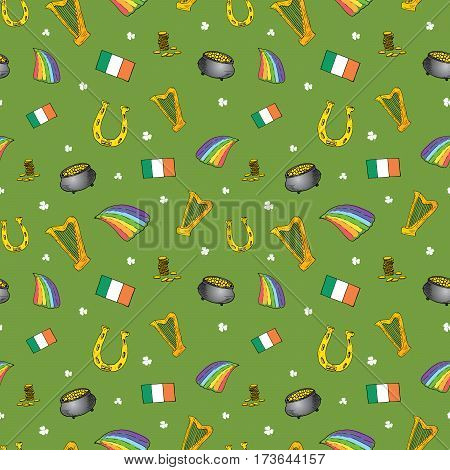 St Patrick's Day hand drawn doodle set with leprechaun pot of gold coins rainbow beer four leaf clover horseshoe celtic harp and flag of Ireland vector illustration isolated on white