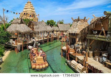 PORT AVENTURA/ SPAIN - MAY 11, 2015. Water attraction Angkor located in the China area of the theme park Port Aventura in Salou, Spain.