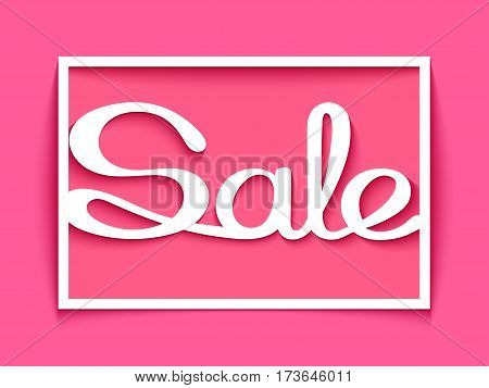 Sale banner with calligraphic inscription on pink background. Vector illustration made in paper cut out style.