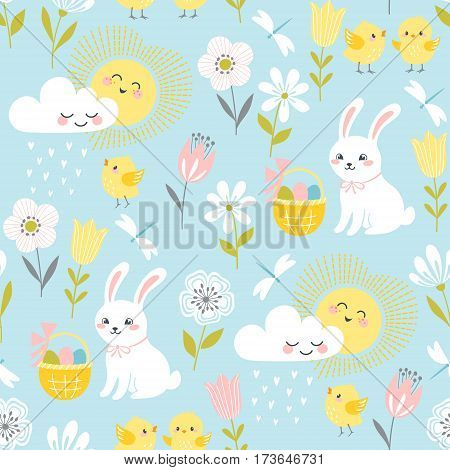 Cute Easter pattern with bunnies, chicks, clouds, sun and flowers in pastel colors.