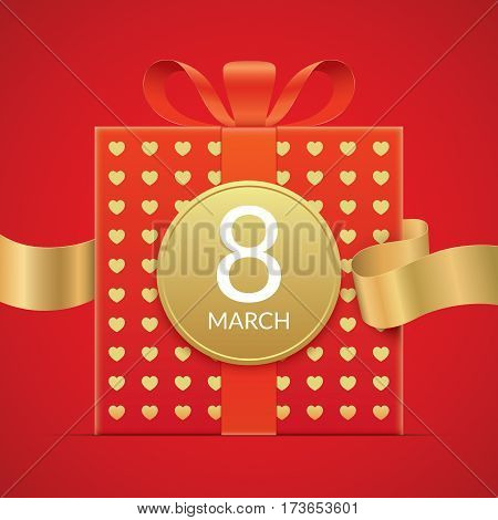 8 march greeting card template, with red gift box with golden elements and ribbon. International womens day greeting car design.