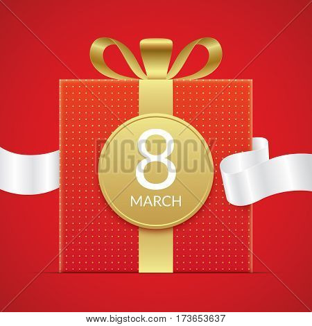 8 march greeting card template, with red gift box with golden elements and white ribbon. International womens day greeting car design.
